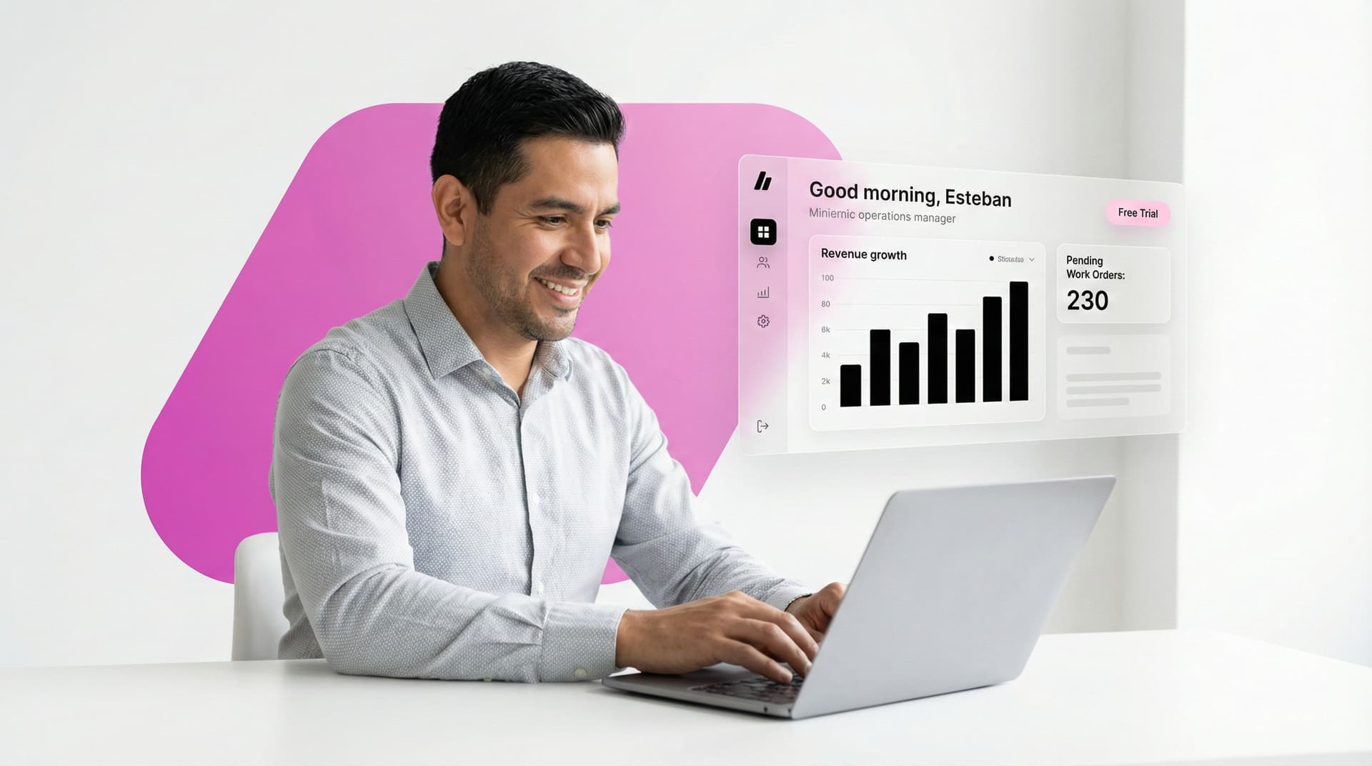 Dashboard interface showing revenue growth and work orders management